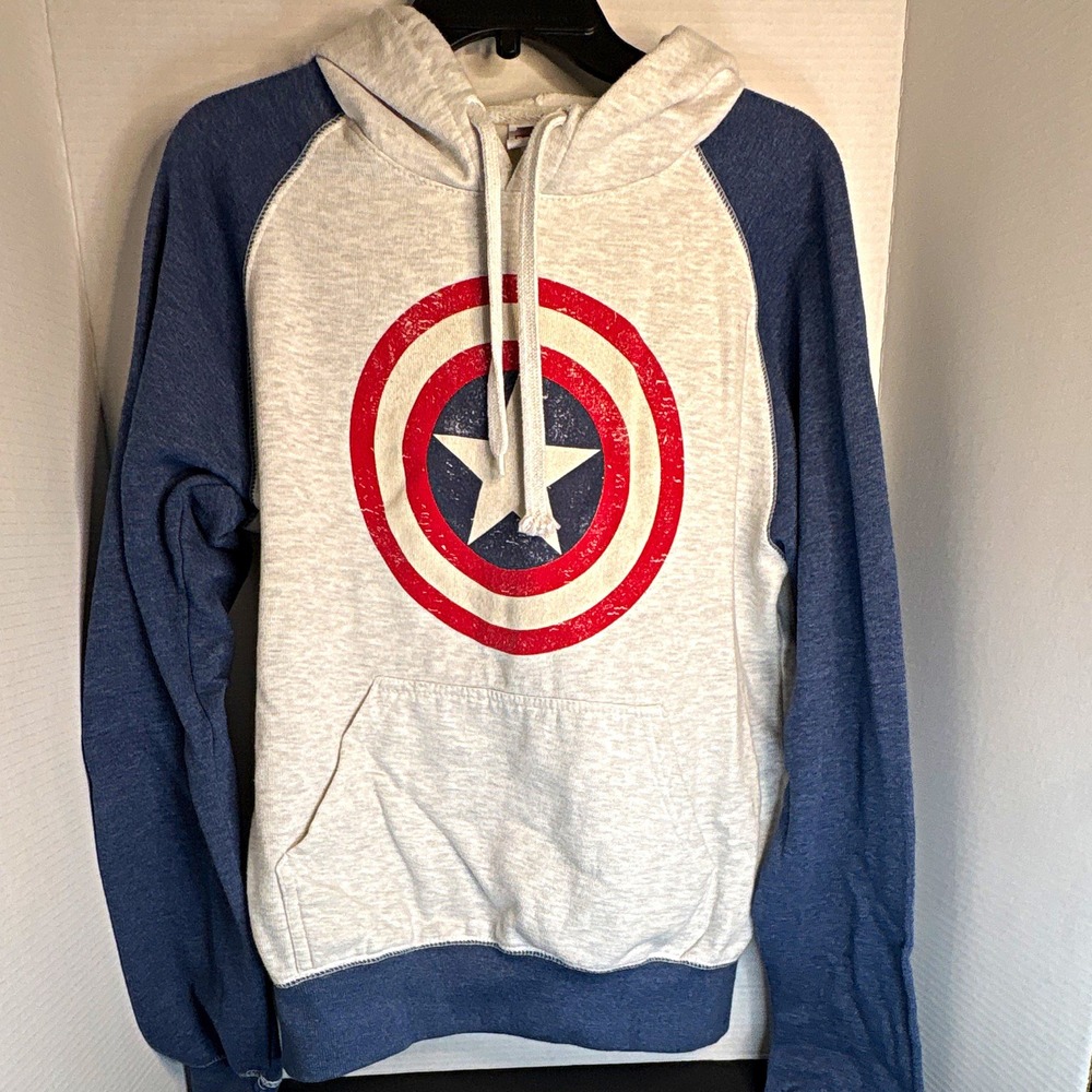 Marvel Captain America Shield Graphic Pullover Fleece Hoodie Pockets Gray/Blue M